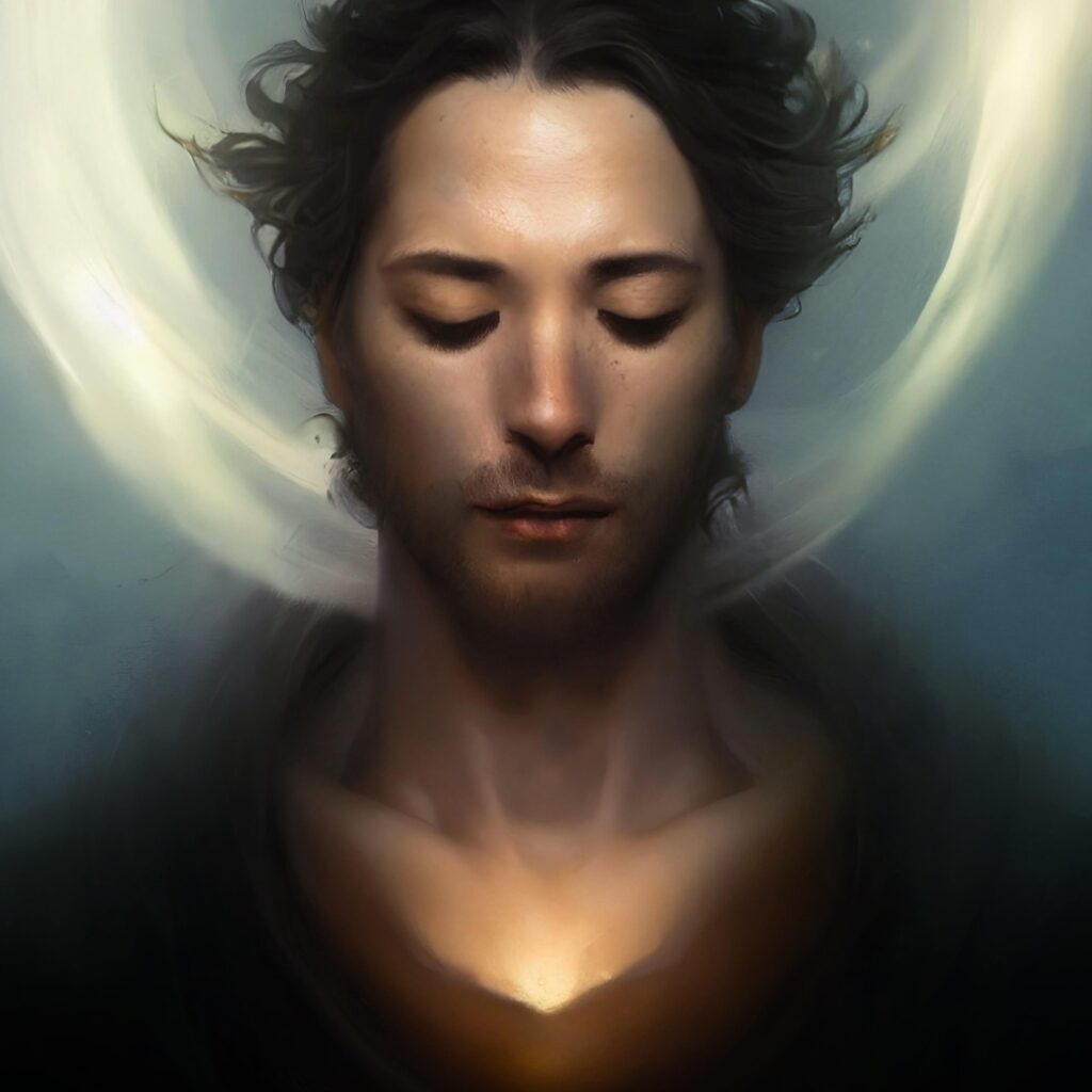 Man breathing with aura around head.